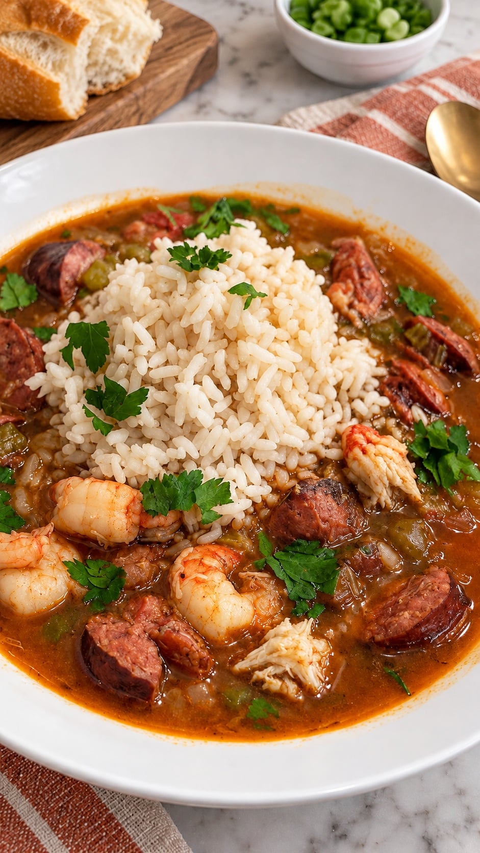 Close view of seafood gumbo with long-grain rice, lump crab and crawfish tails.