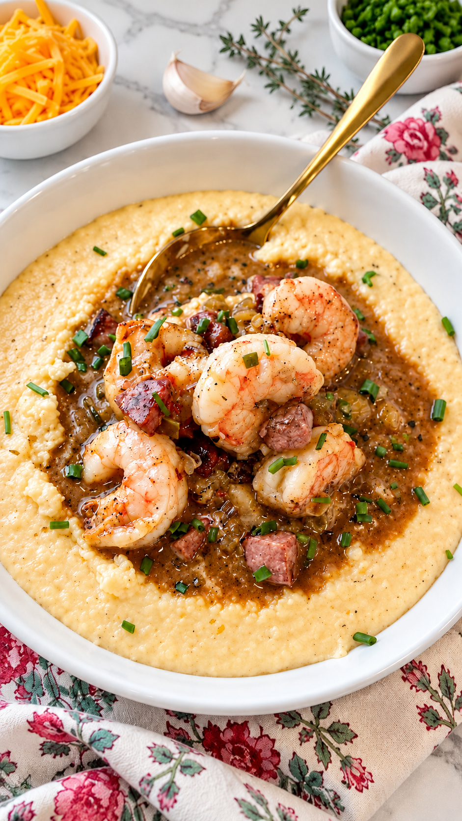 Cajun shrimp and andouille over creamy sharp-cheddar grits