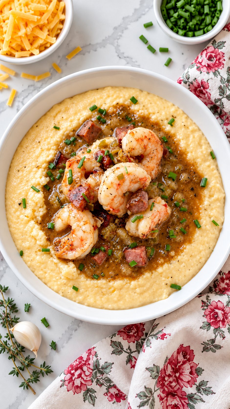 Shrimp and cheese grits in a white bowl with amber gravy