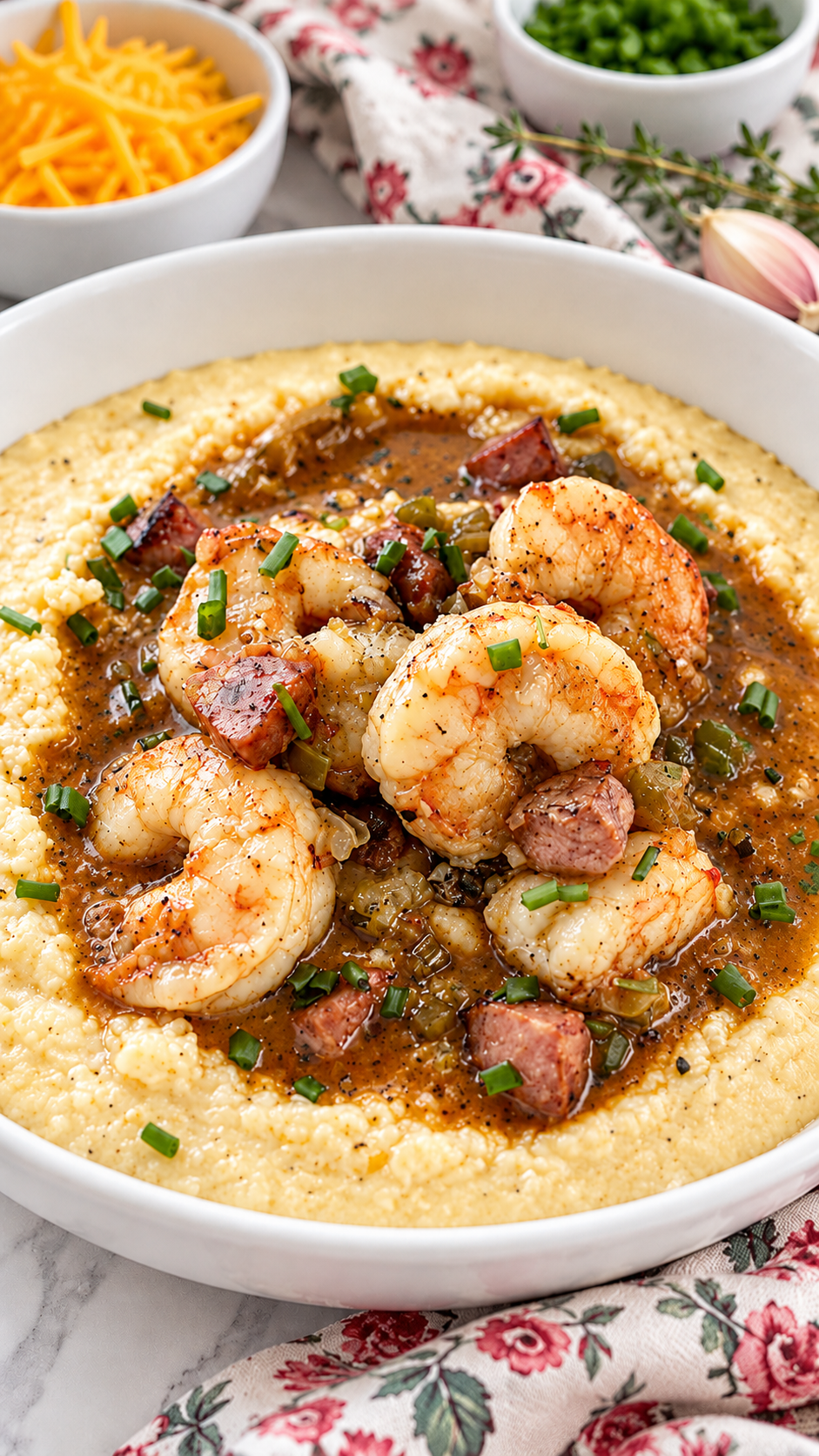 Close view of shrimp, diced andouille, and cheddar grits
