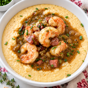 Shrimp and grits with diced andouille sausage and amber Cajun gravy