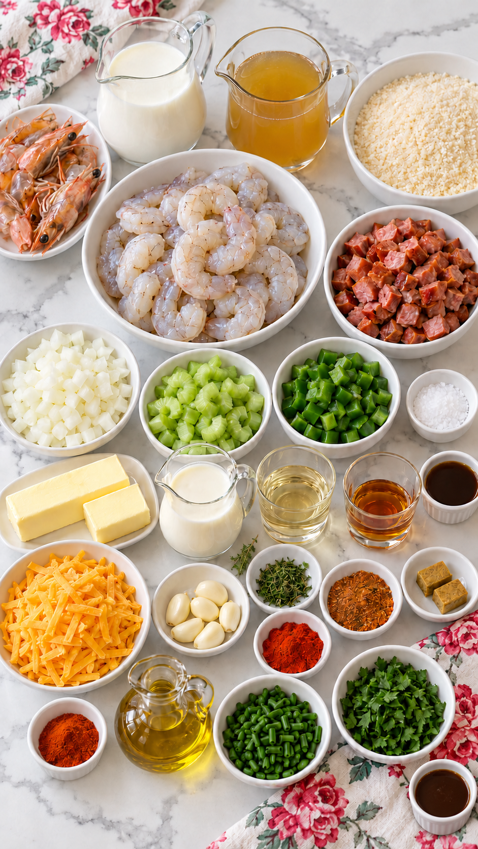 Ingredients for shrimp and cheese grits with andouille sausage