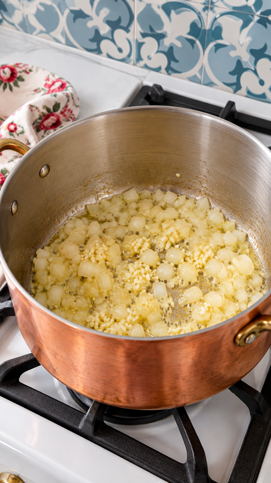 Onion and garlic cooking in butter for cheese grits