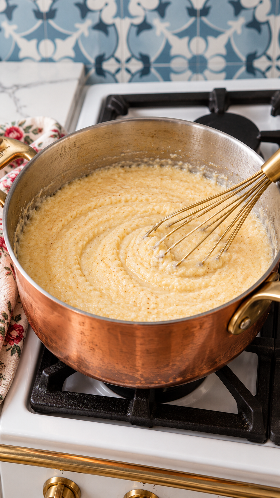 Grits simmering in milk and chicken broth