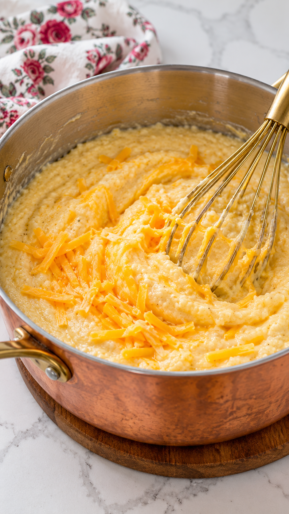 Sharp cheddar cheese stirred into creamy grits