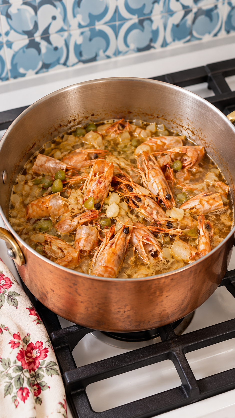 Shrimp shells and aromatics simmering for shrimp stock