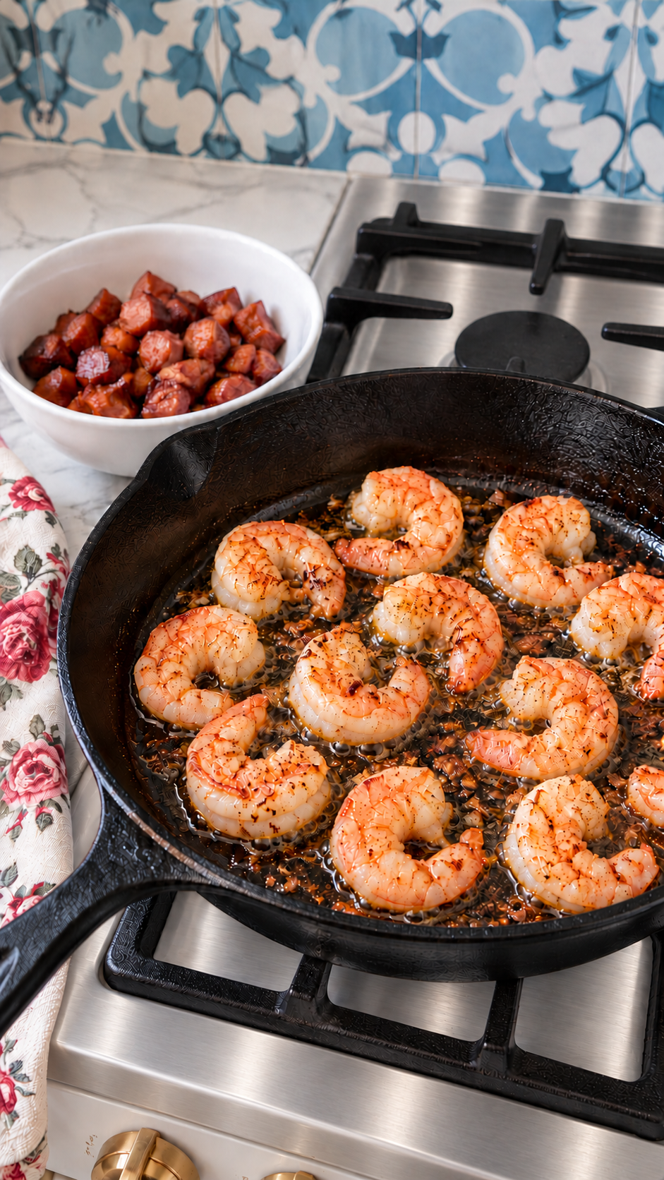 Shrimp and diced andouille searing in a cast iron skillet