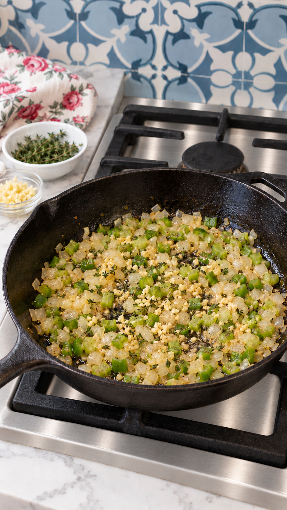 Onion, celery, bell pepper, garlic, and thyme cooking for the sauce