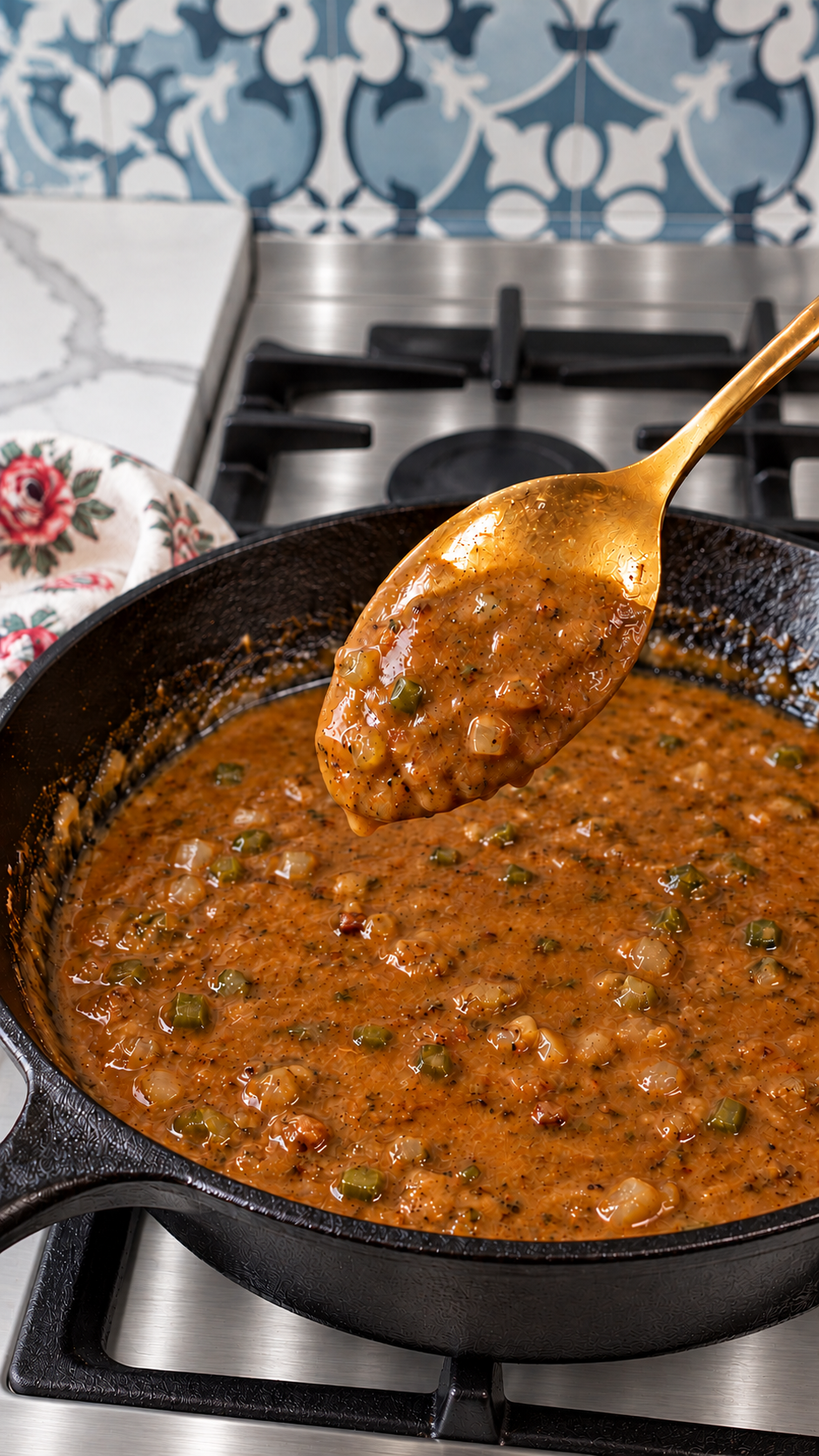 Amber shrimp-stock gravy reducing in a cast iron skillet