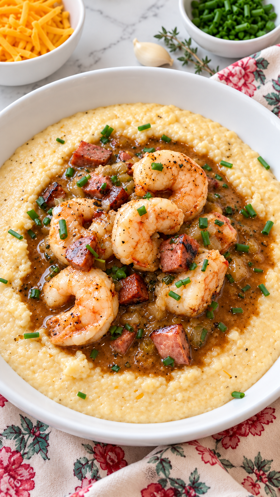 Cooked shrimp and andouille warmed in amber cream gravy