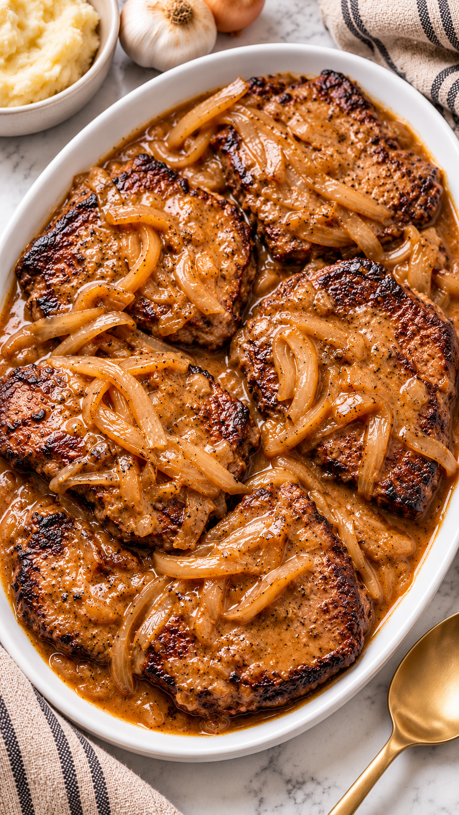 Close view of smothered chuck steak with homemade onion gravy.