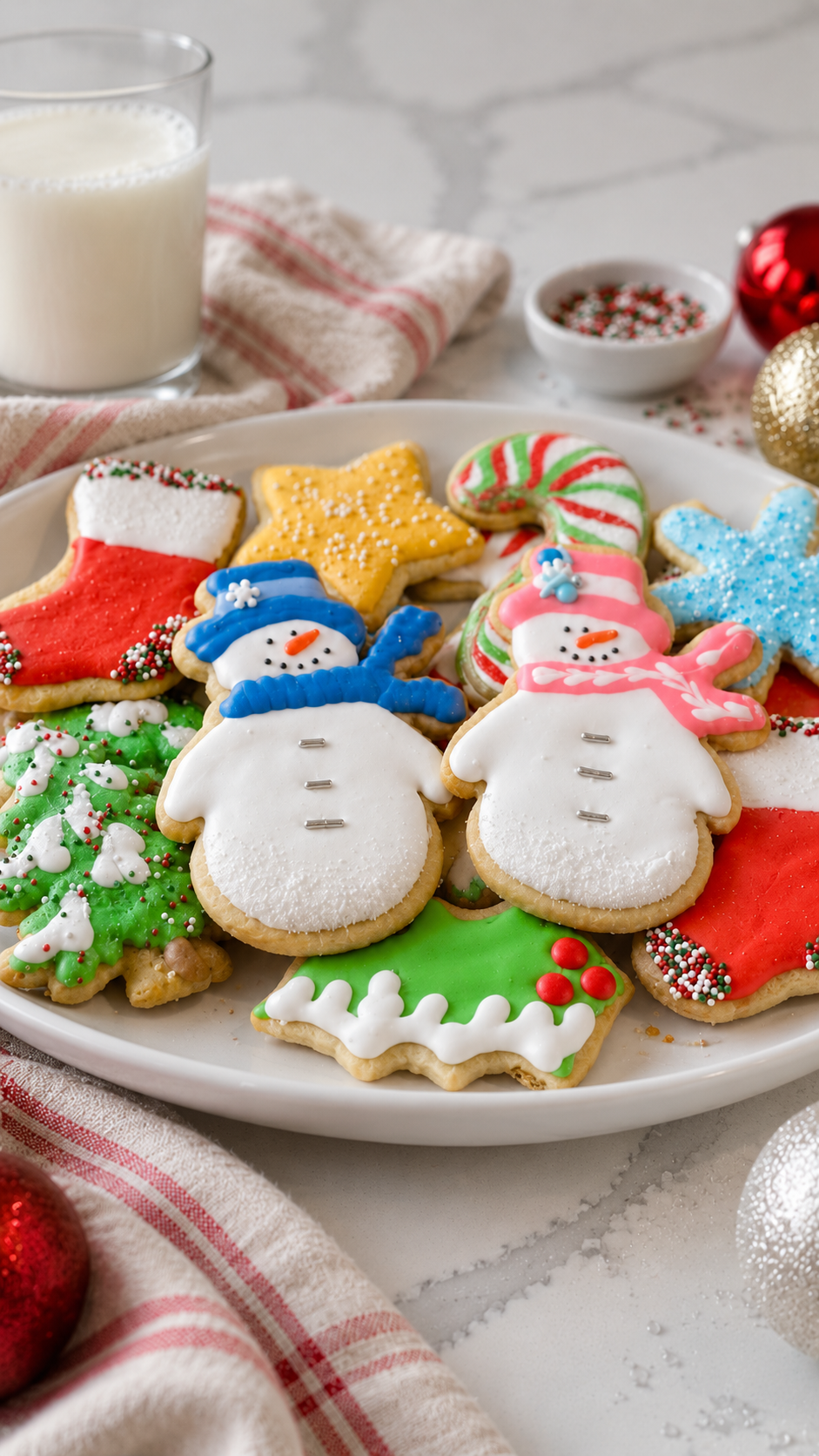 Low view of iced snowman cookies with pale golden edges