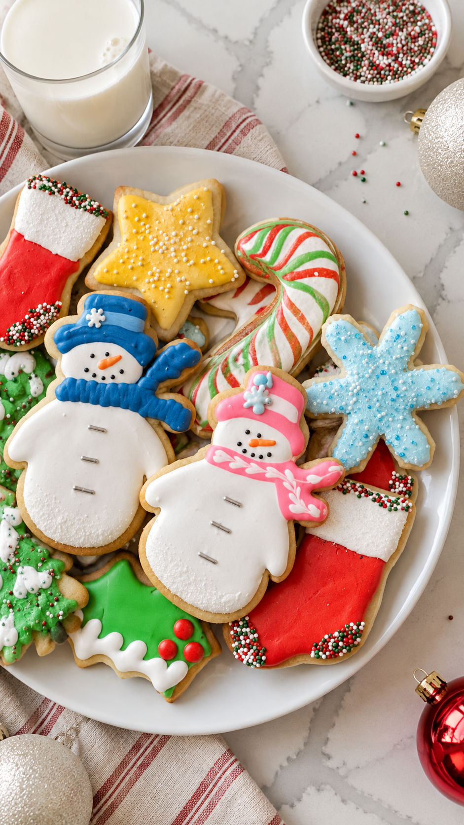 Overhead close-up of snowflake, stocking, and candy cane cookies
