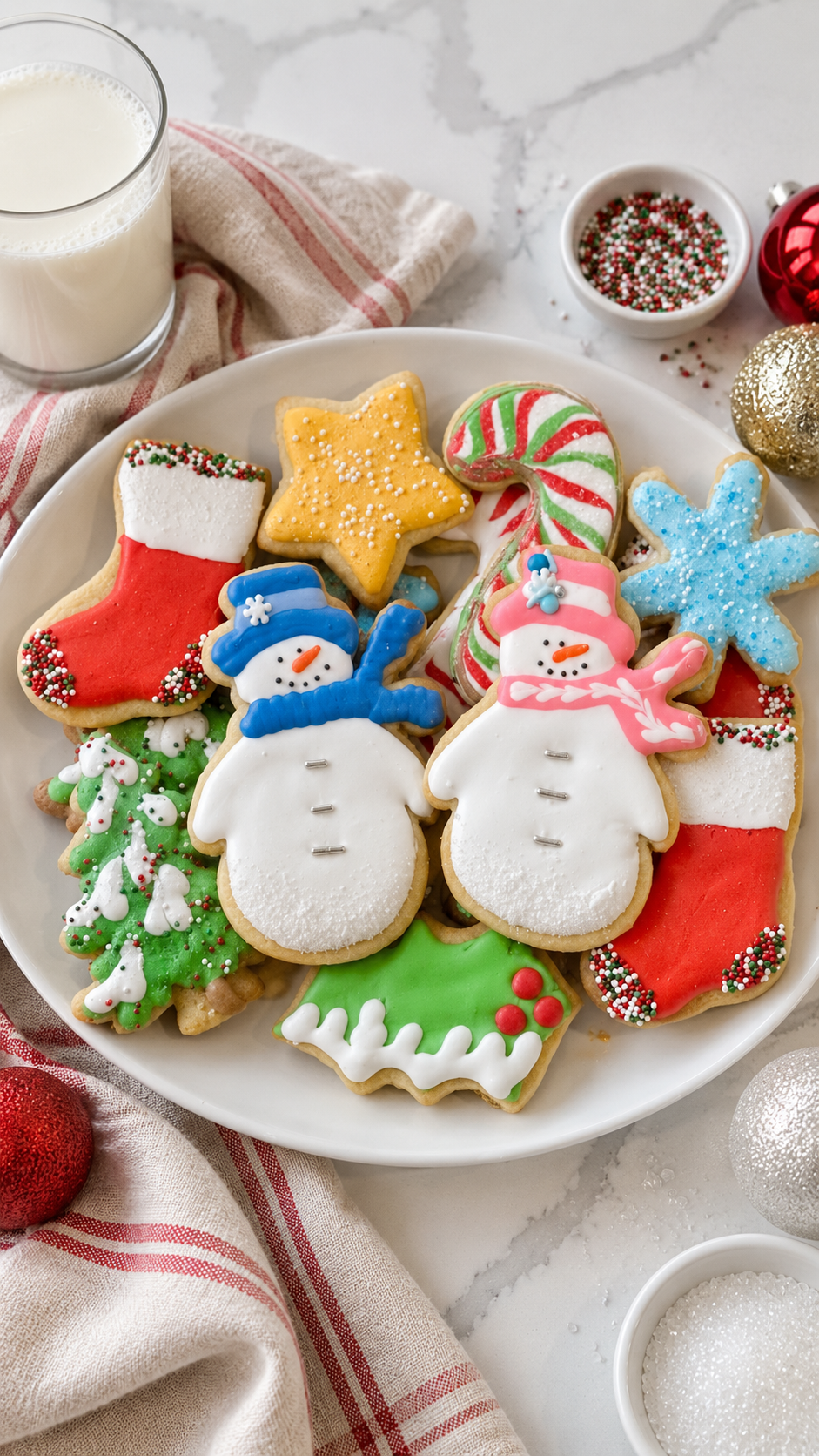 Decorated vanilla almond sugar cookie cutouts on a white platter