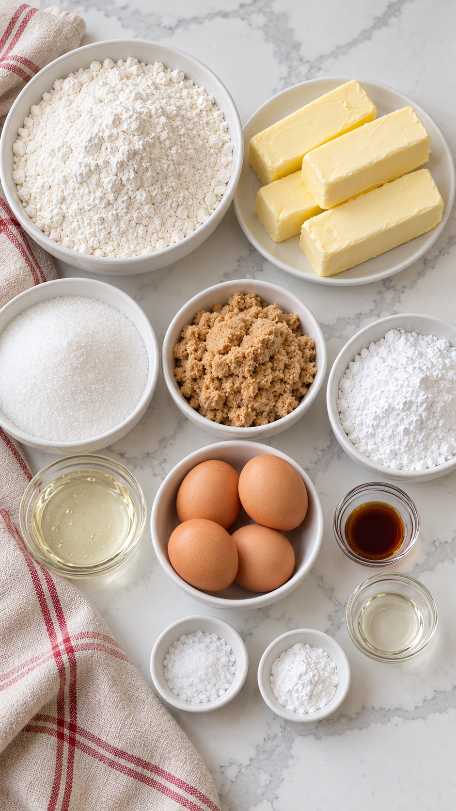 Salted butter, three sugars, corn syrup, eggs, extracts, flour, salt, and baking powder for cookie dough