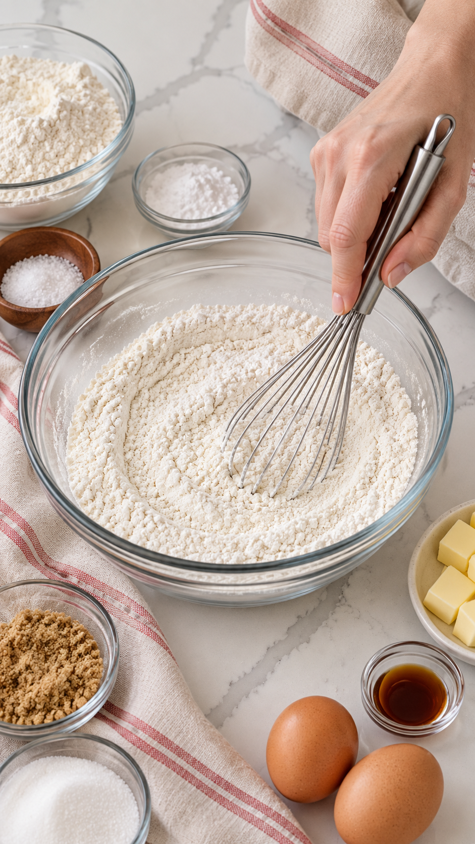 Whisking flour, baking powder, and kosher salt in a glass bowl