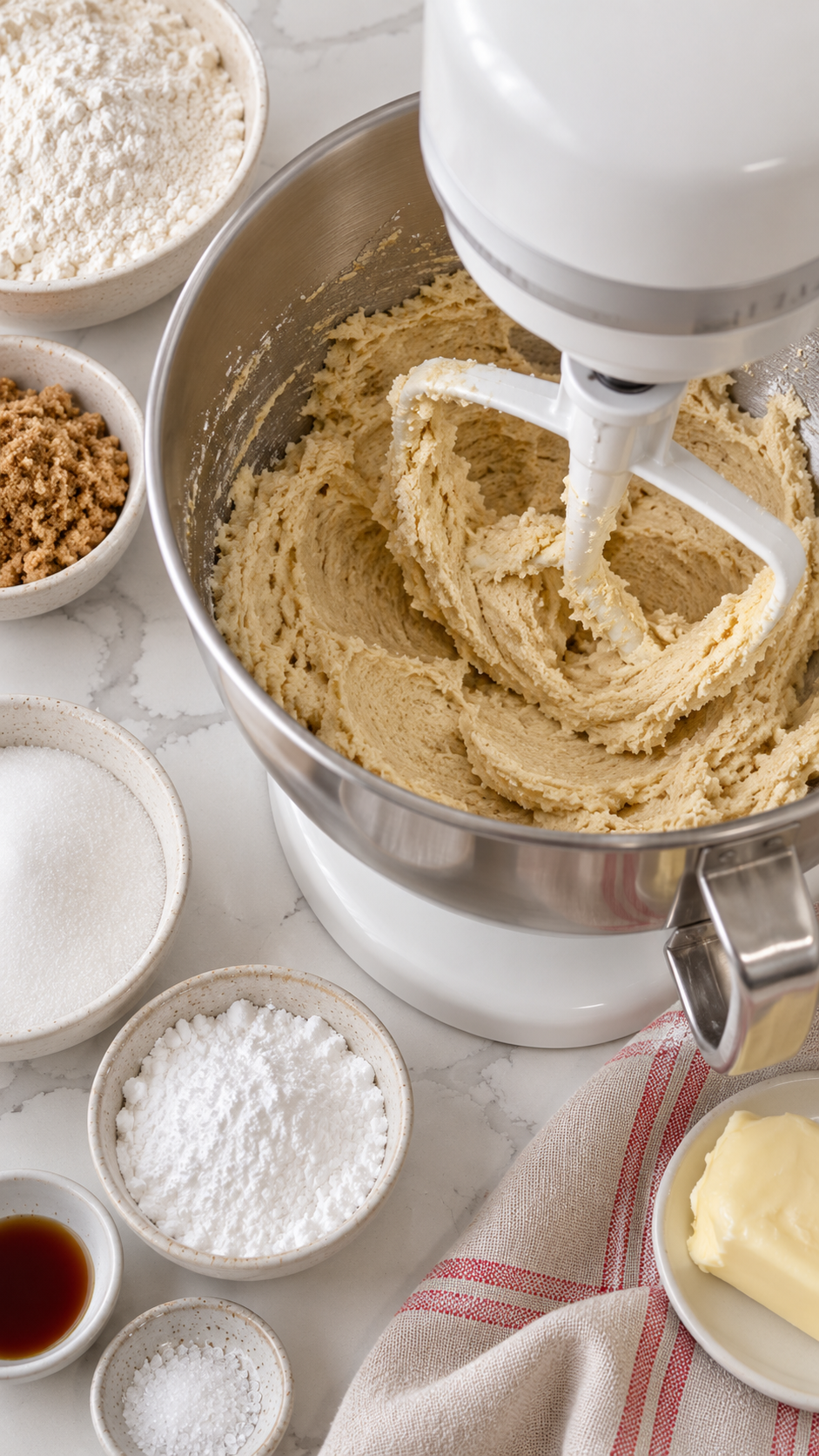 Creaming softened butter and three sugars in a white stand mixer