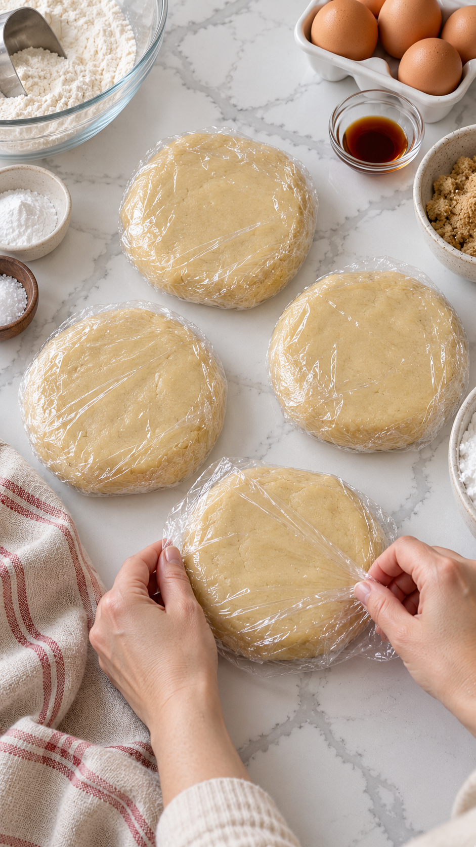 Four flattened sugar cookie dough disks wrapped for chilling