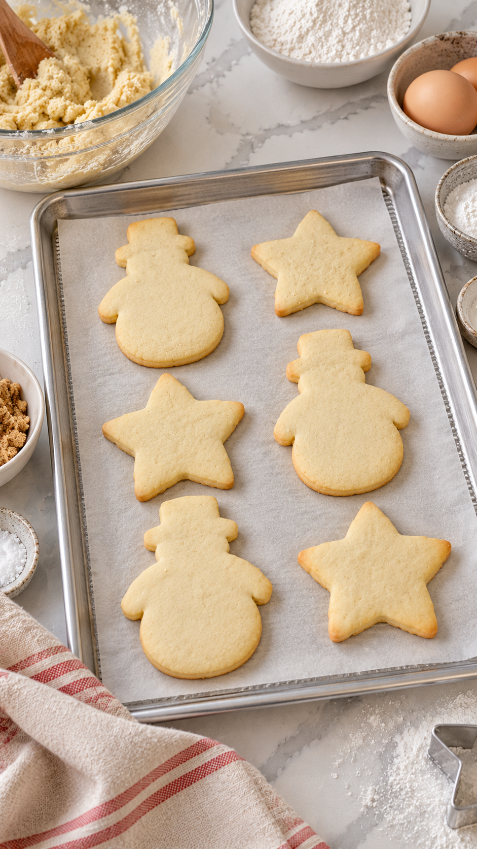 Plain snowman and star sugar cookies with pale golden edges on parchment