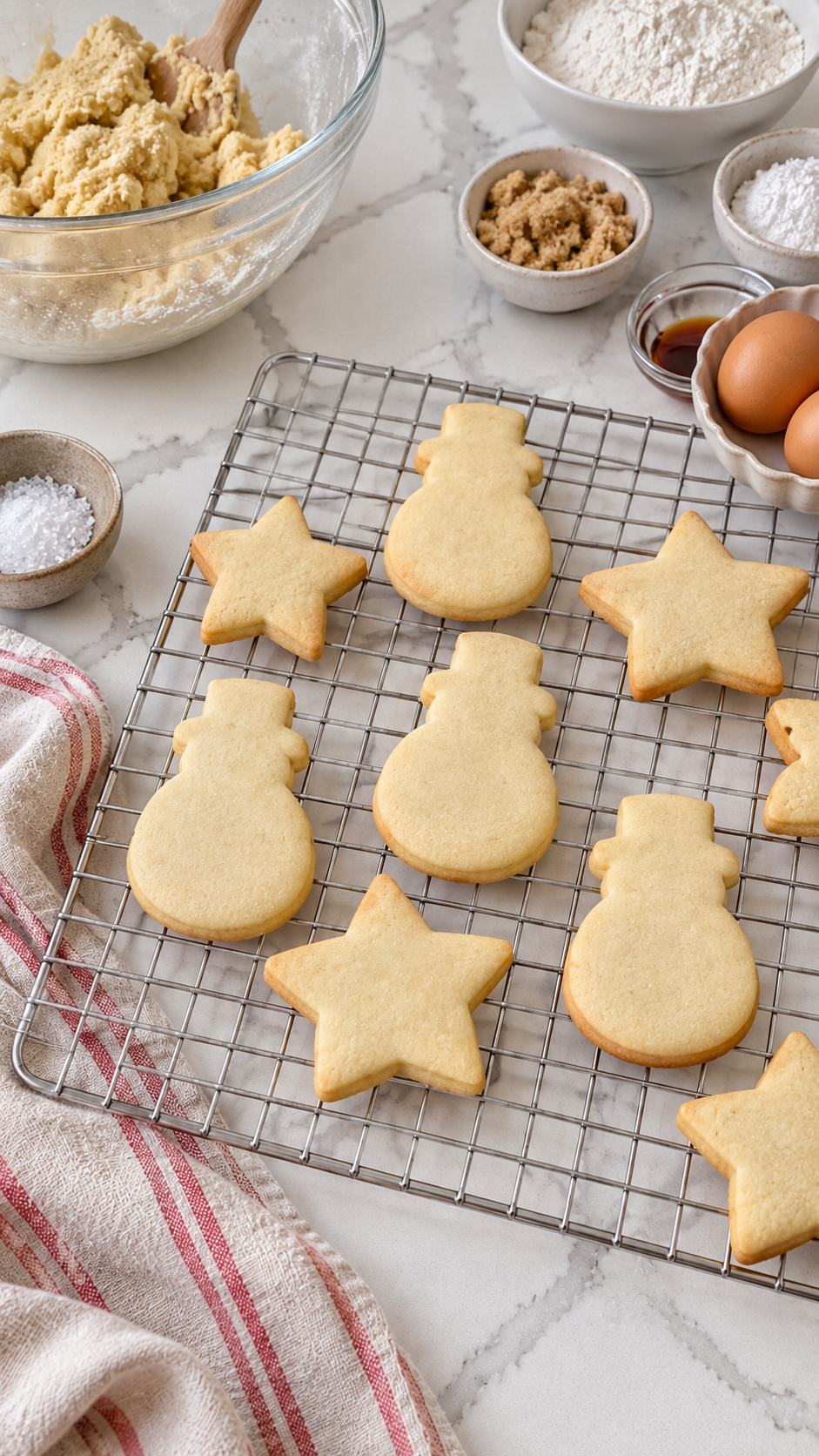 Undecorated sugar cookie cutouts cooling on a wire rack