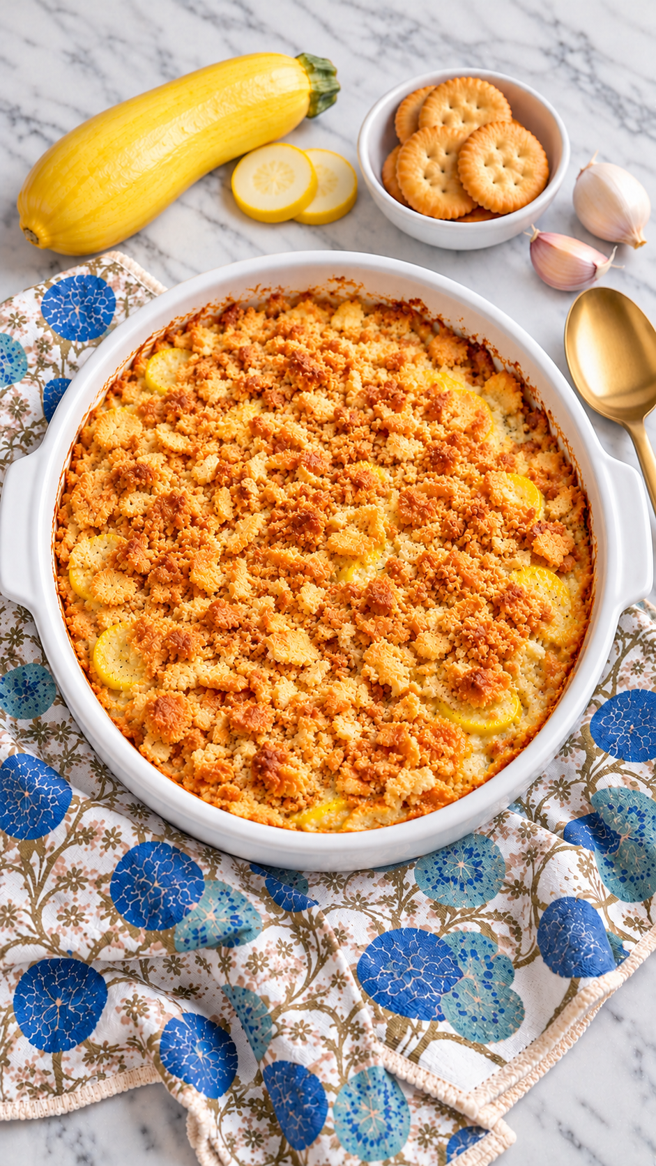 Baked yellow squash casserole with golden cracker crumbs resting before serving