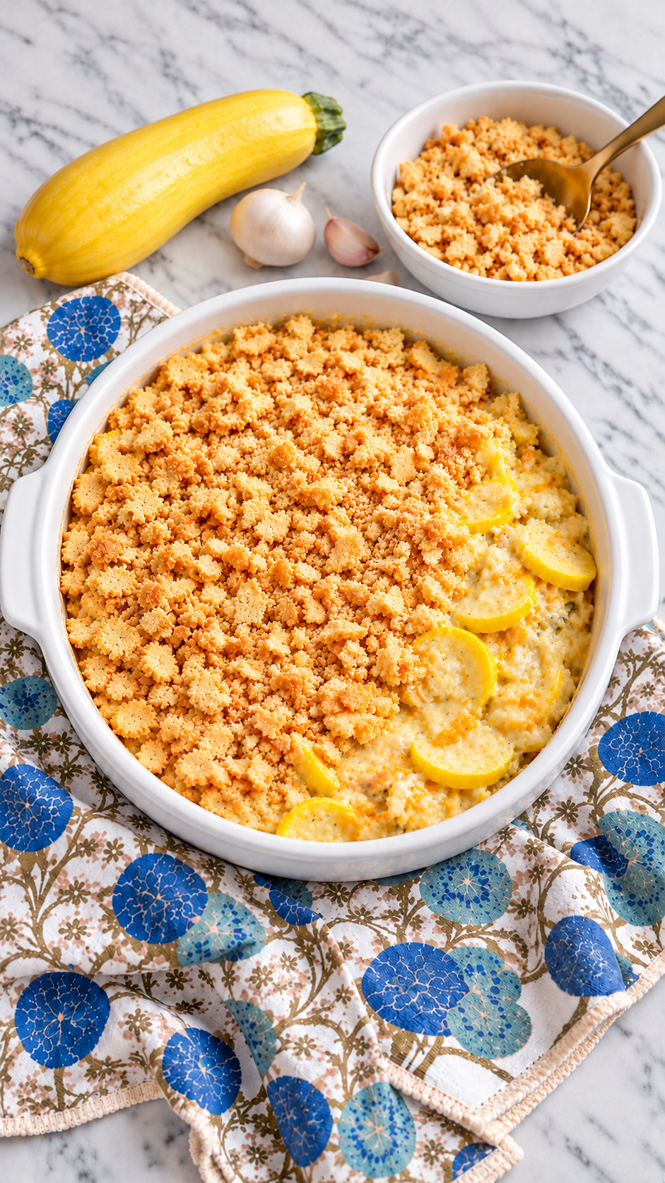 Creamy squash filling in a white round baking dish being covered with crushed Ritz topping