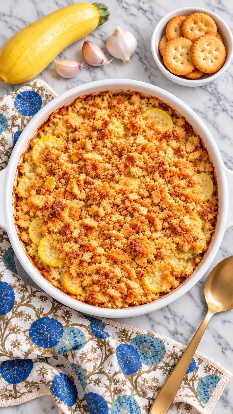 Overhead view of Southern yellow squash casserole with a golden Ritz-Parmesan topping