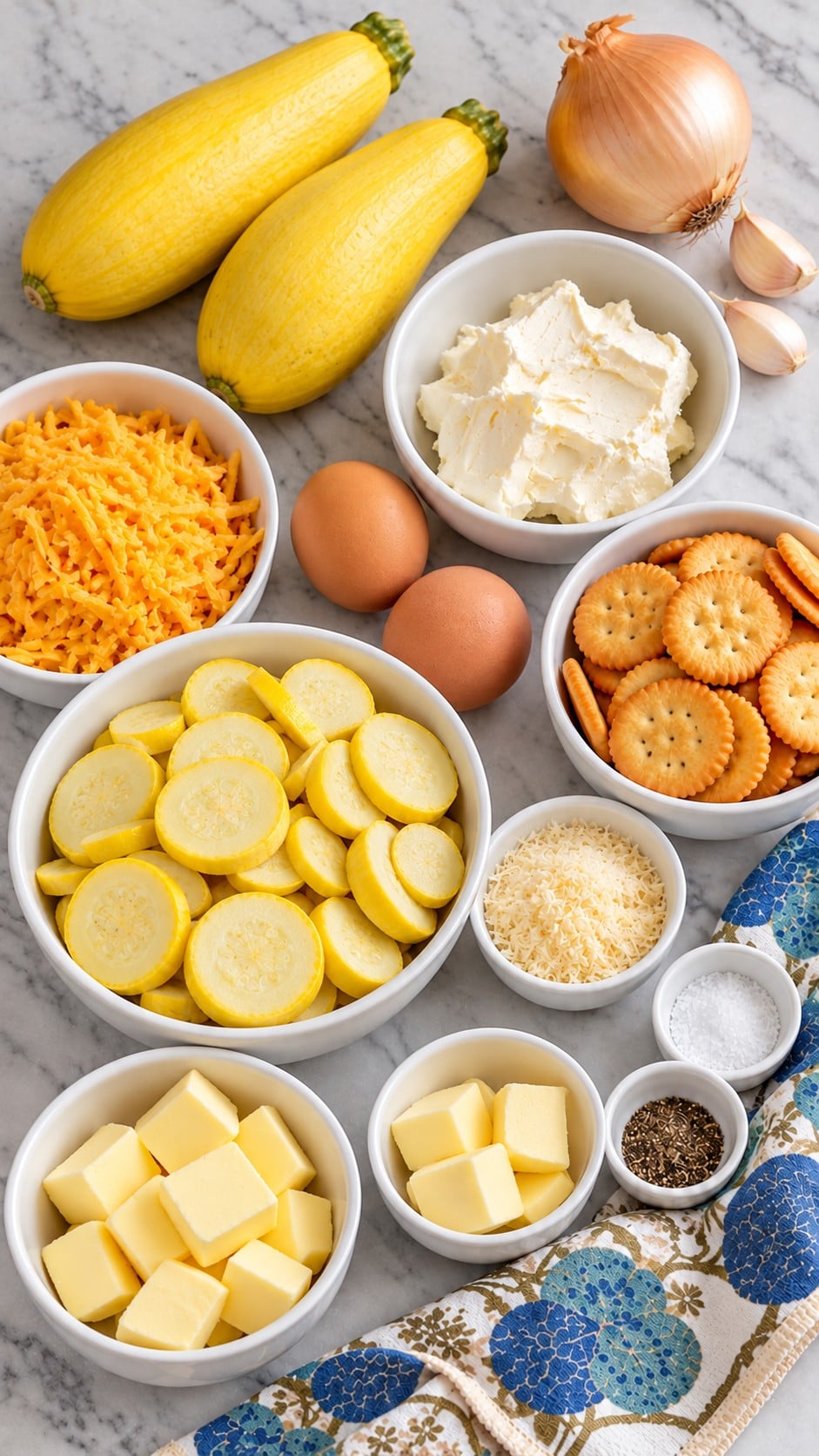 Yellow squash, cream cheese, eggs, cheddar, onion, garlic, butter, Ritz crackers and Parmesan for squash casserole