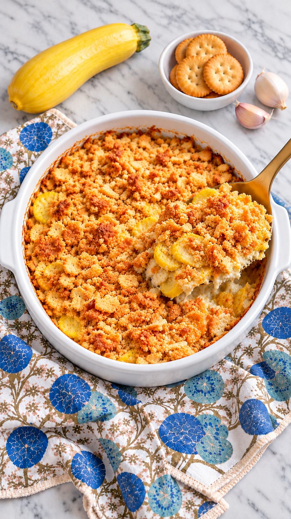 Gold spoon lifting creamy yellow squash casserole with crushed cracker topping