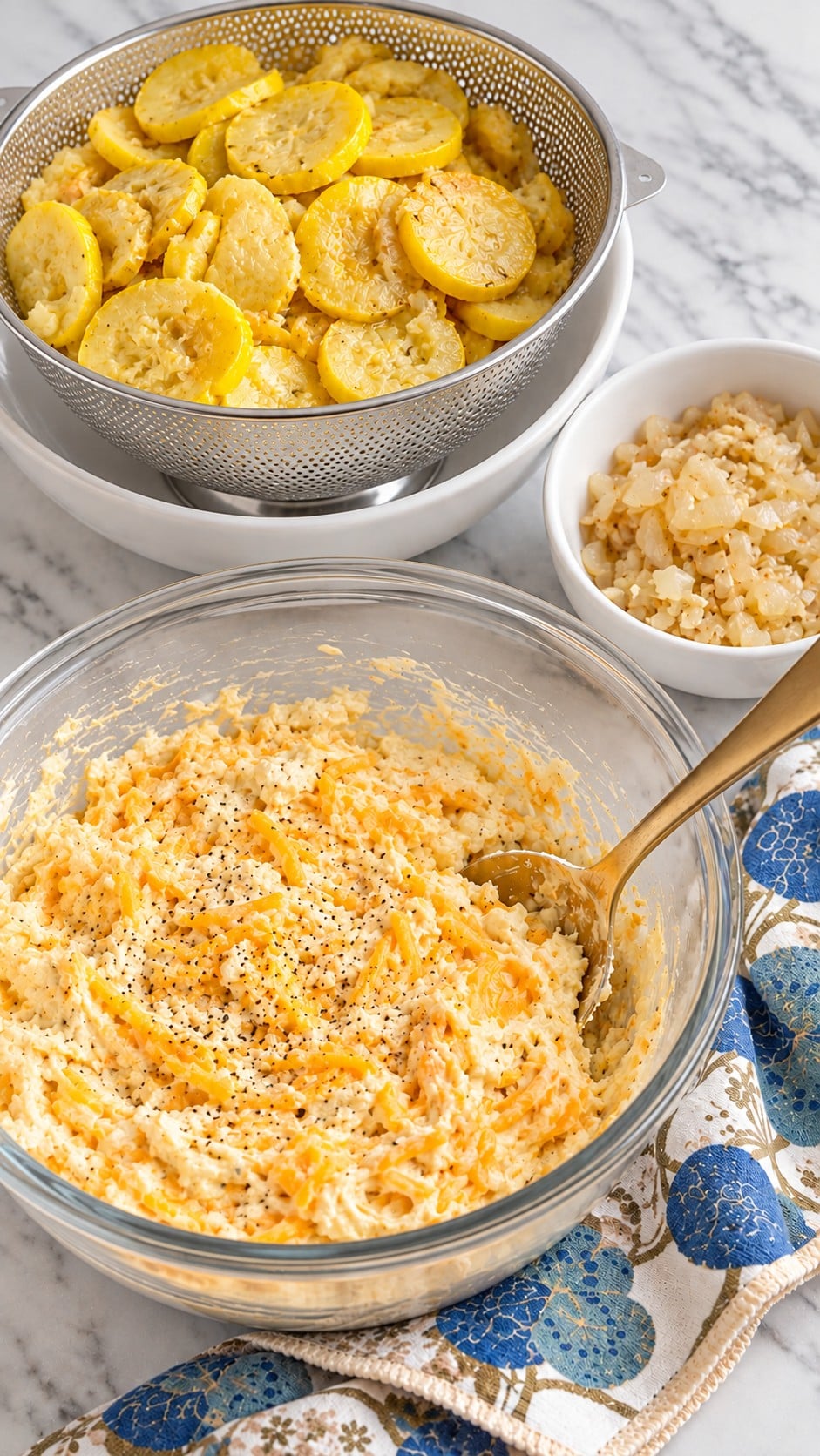 Tender cooked squash draining beside the cream cheese filling and cooked onion mixture