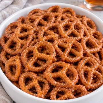 Close-up of crunchy spicy ranch mini pretzel twists