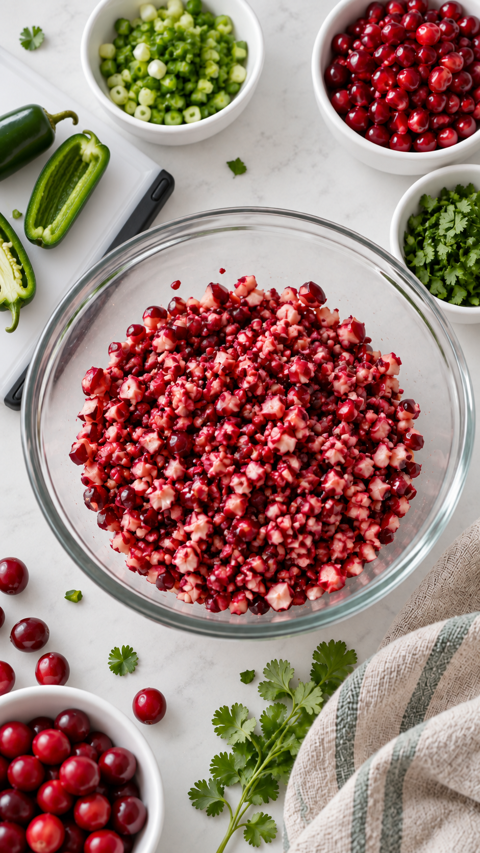 Finely chopped cranberries with jalapeños prepared on a white cutting board.