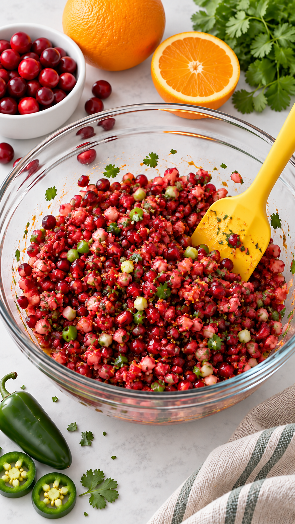 Chopped cranberries mixed with pomegranate arils, green onions, jalapeños, orange, and cilantro.