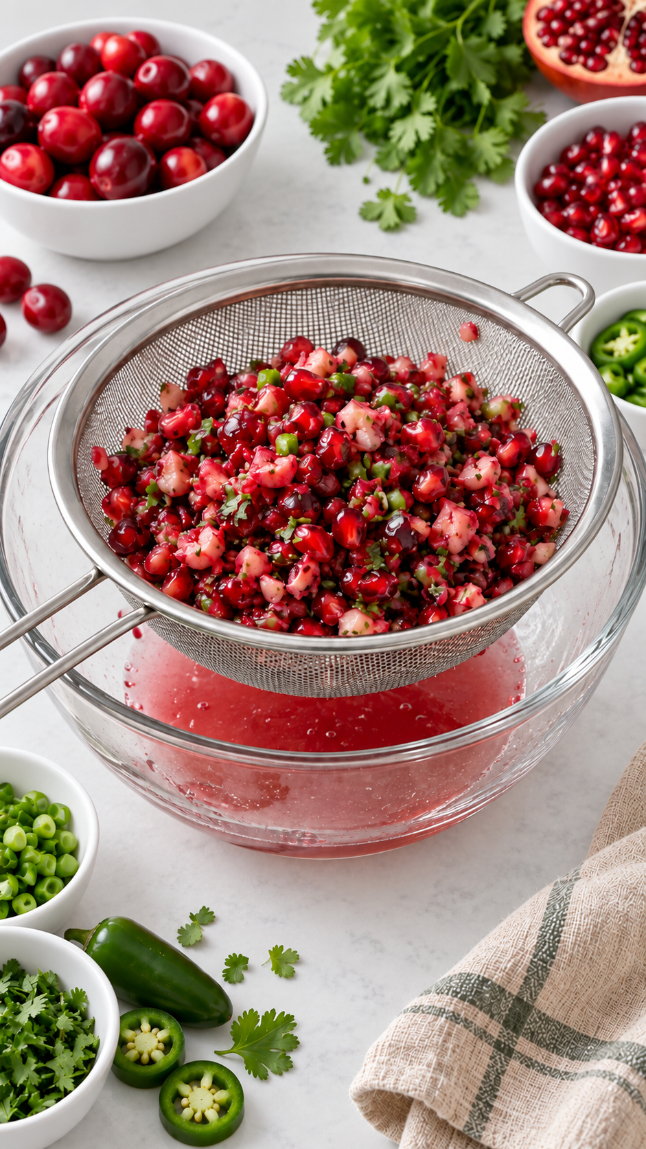 Chilled cranberry topping draining without pressing in a fine-mesh strainer over a glass bowl.