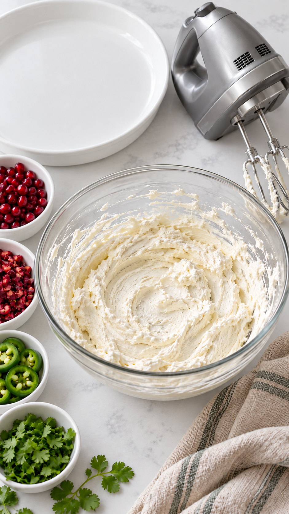 Softened cream cheese whipped in a glass mixing bowl with a hand mixer.
