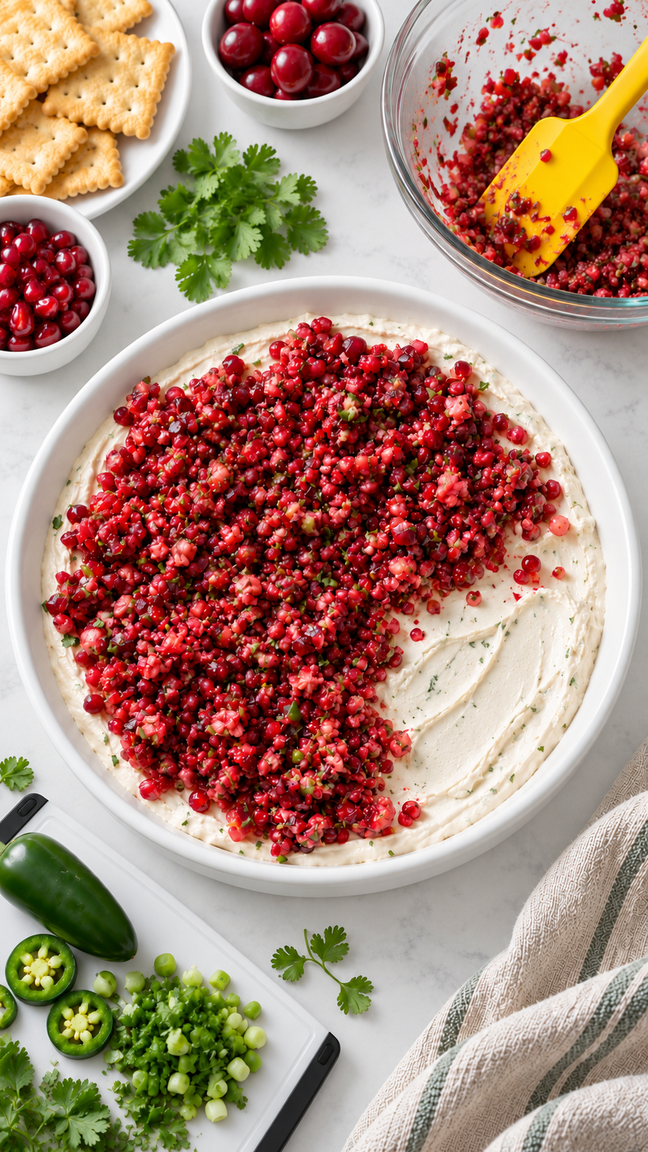 Drained cranberry topping being layered over whipped cream cheese in a white ceramic dish.