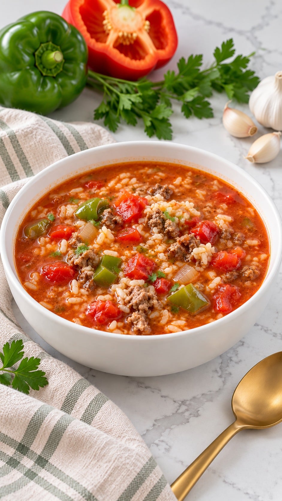 Finished stuffed pepper soup served in a plain white bowl with a gold spoon.