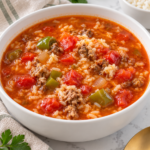 Stuffed pepper soup with beef, sausage, rice, tomatoes, and bell peppers in a white bowl.