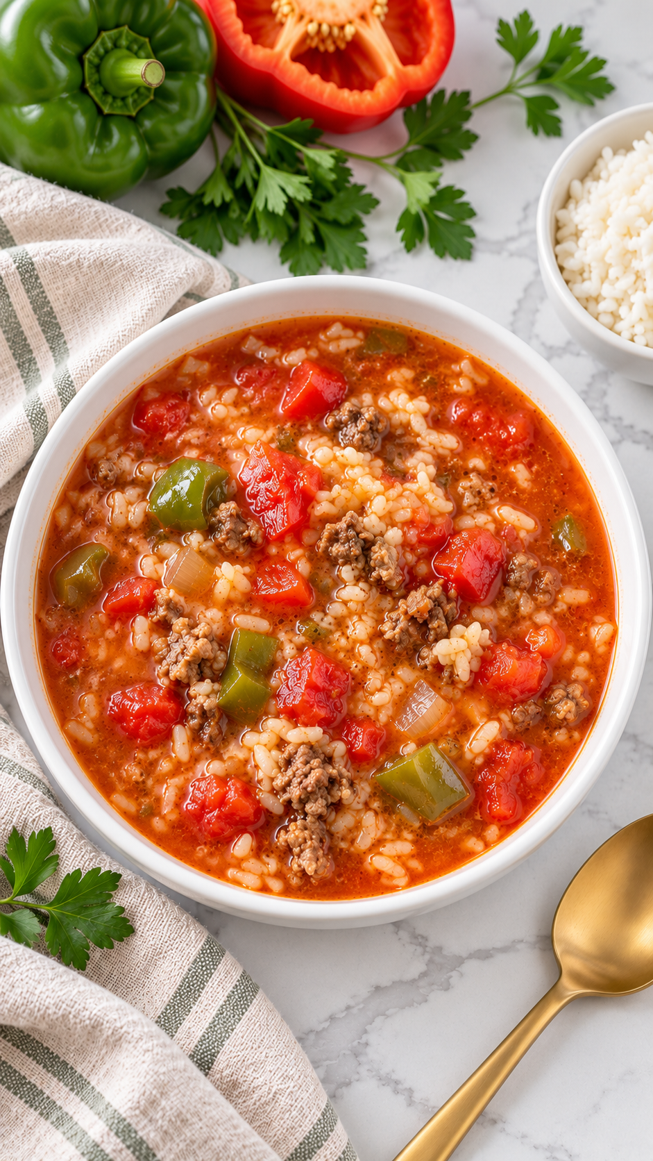 Overhead view of stuffed pepper soup with cooked rice and chunky bell peppers.