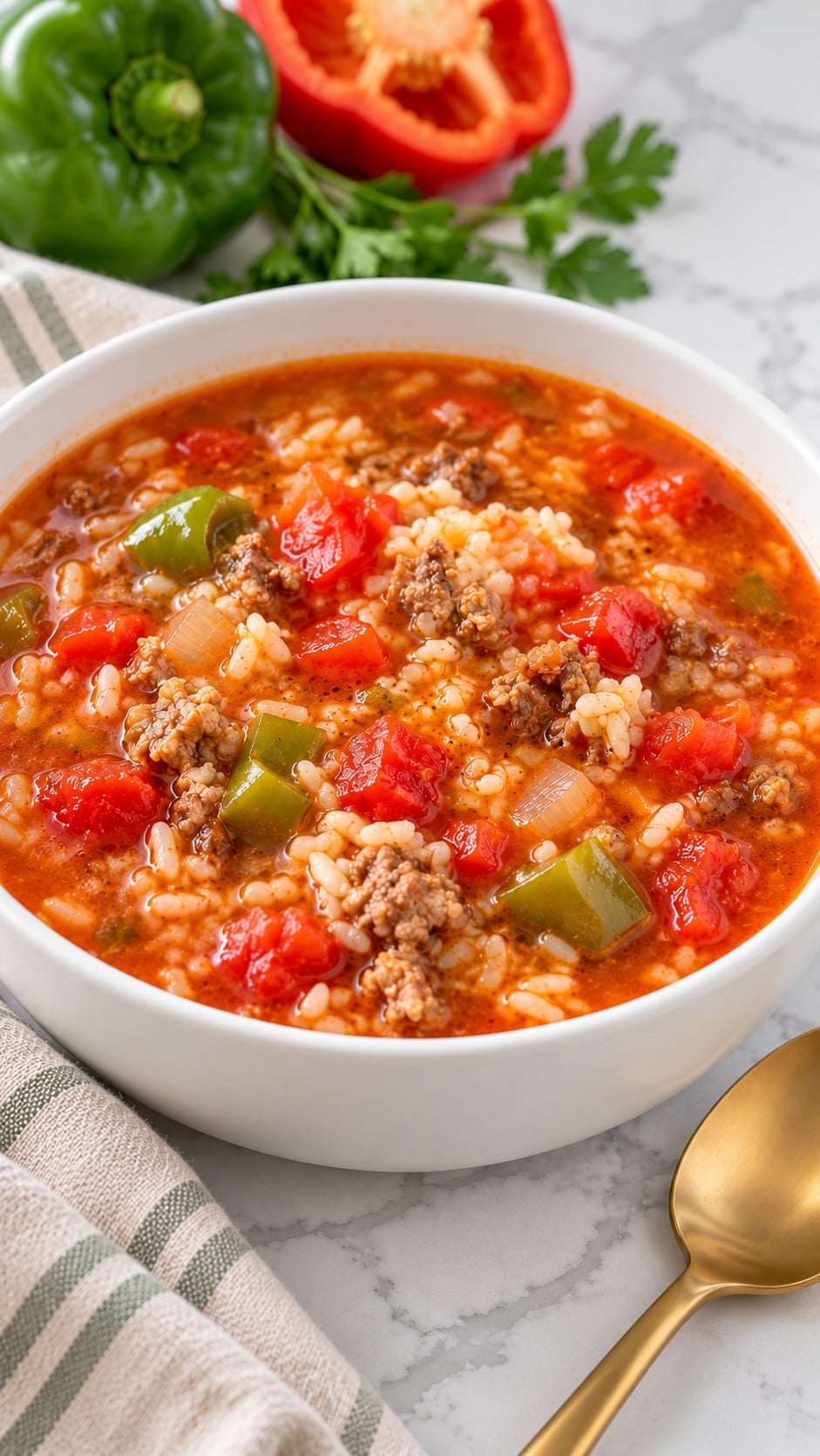 Close view of beef, sausage, tomatoes, rice, and peppers in stuffed pepper soup.