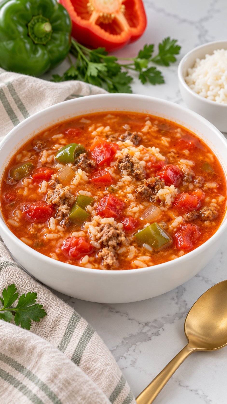 Stuffed pepper soup with beef, sausage, rice, tomatoes, and bell peppers in a white bowl.
