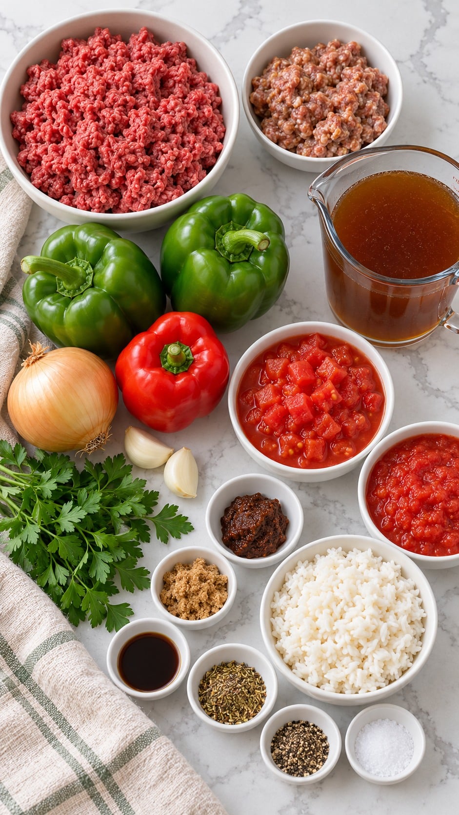 Ingredients for stuffed pepper soup, including beef, sausage, peppers, tomatoes, broth, cooked rice, and seasonings.