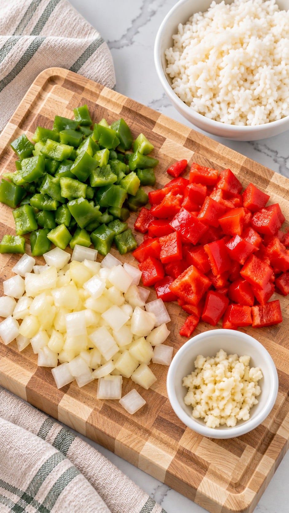 Chopped peppers, onion, minced garlic, and cooked rice prepared beside a maple end-grain cutting board.