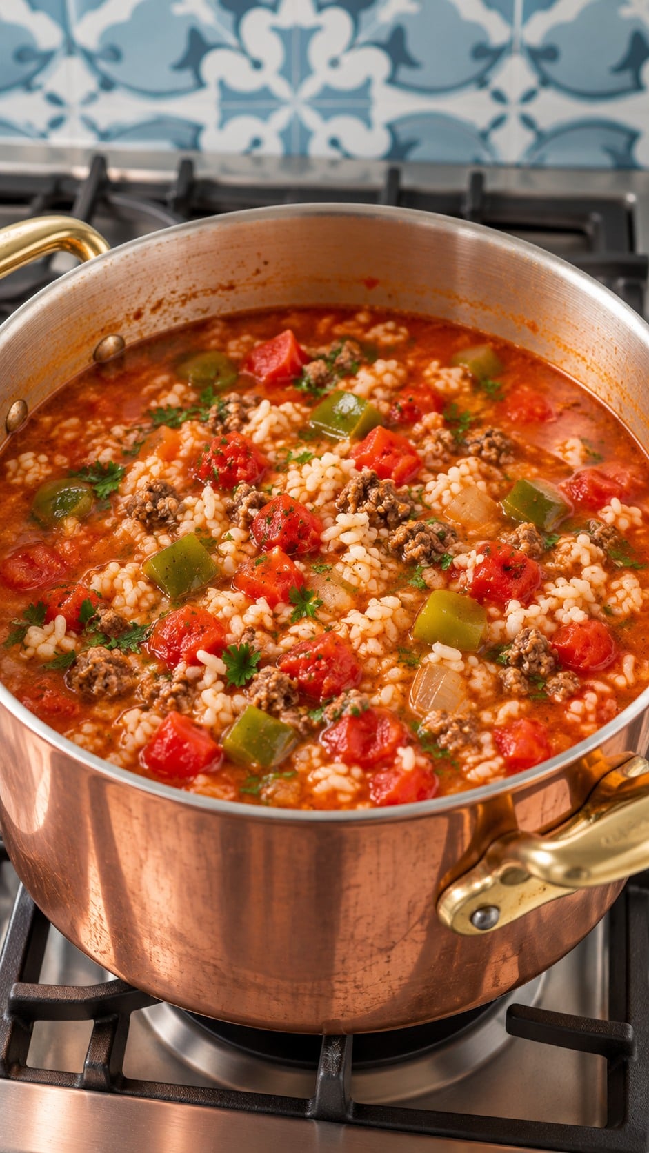 Cooked rice and parsley stirred into stuffed pepper soup in a copper soup pot.