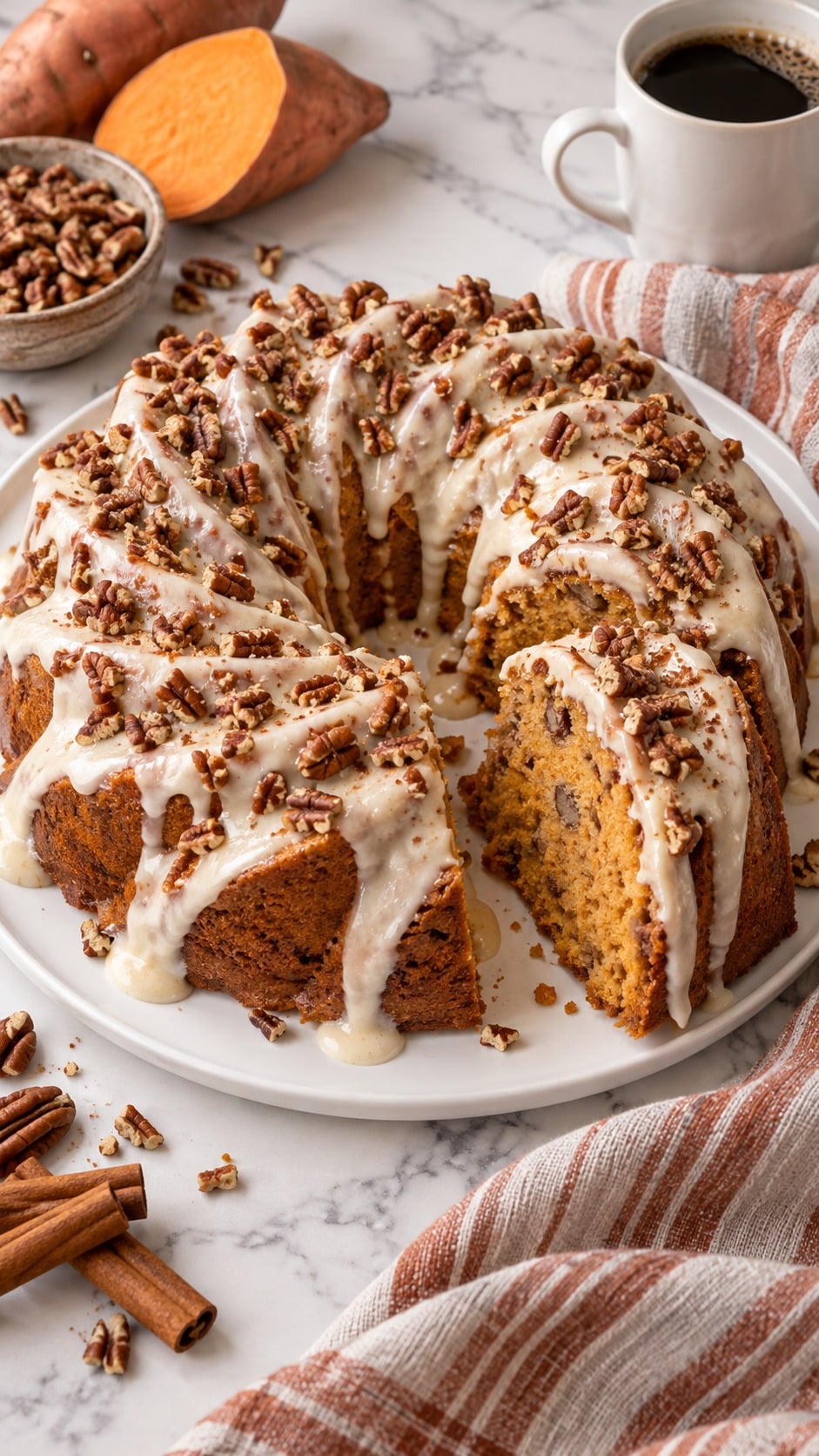 Sliced spiral sweet potato pecan pound cake with creamy glaze and chopped pecans.