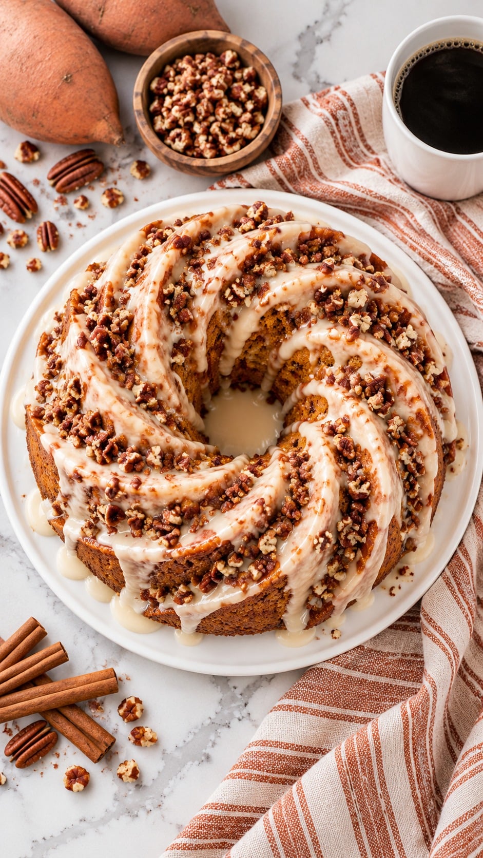 Overhead view of spiral sweet potato pound cake with creamy glaze and pecan topping.