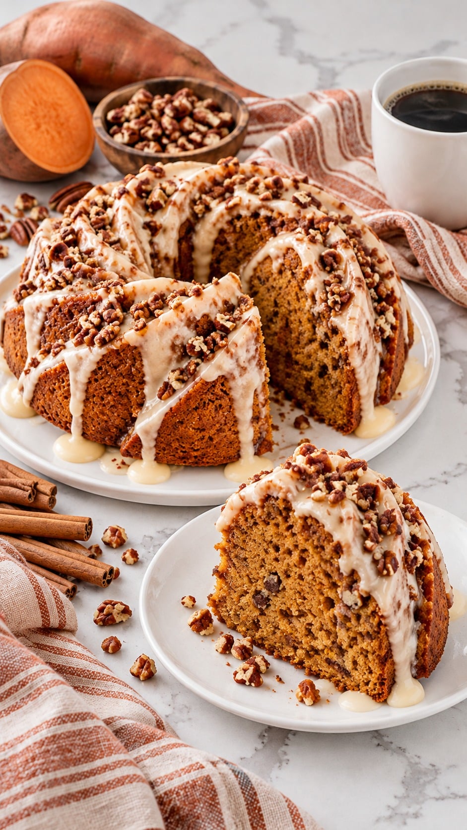 Slice of sweet potato pecan pound cake showing its golden crumb and thick buttermilk glaze.