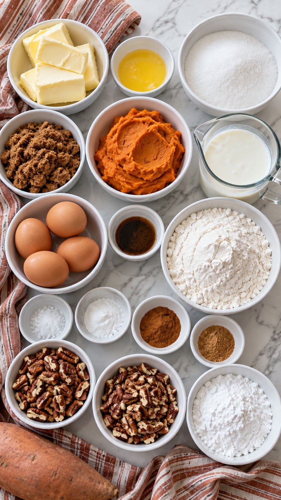 Salted butter, sugars, sweet potato puree, four eggs, buttermilk, vanilla bean paste, flour, salt, baking soda, spices and divided pecans.