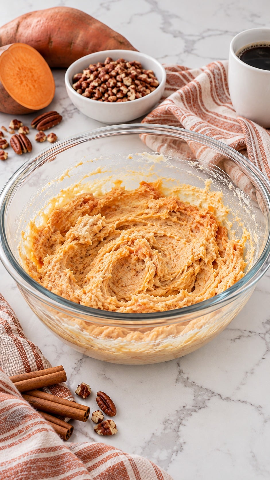 Creamed butter and sugars mixed with smooth sweet potato puree in a glass mixing bowl.