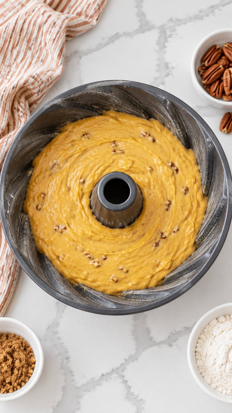 Sweet potato pecan cake batter spread evenly in a greased and floured spiral Bundt pan.